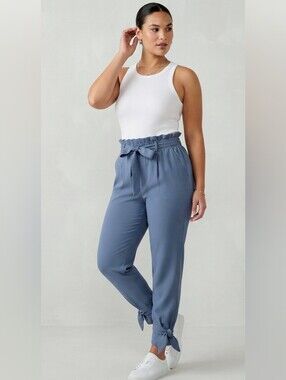 GRACE KARIN Paperbag Waist Pants Dusty Blue Tie Ankle Cropped Trousers Pocket Sm